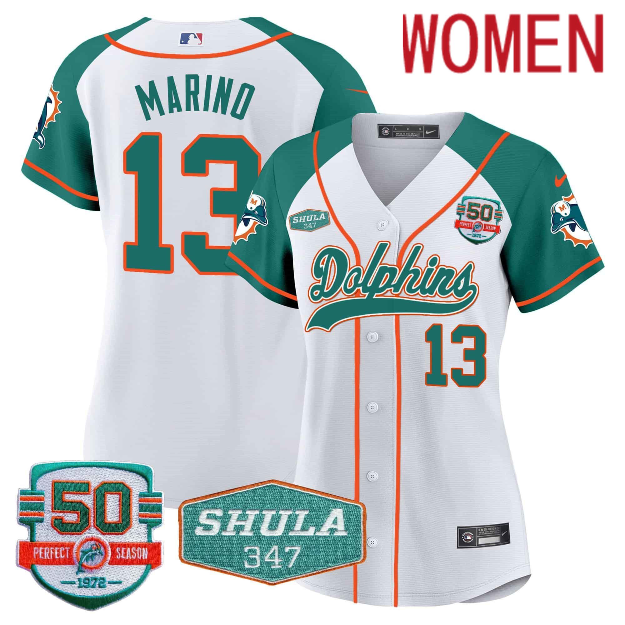 Women Miami Dolphins #13 Marino White 2024 Nike 50th Don Shula Memorial Patch Baseball NFL Jersey style 1->women nfl jersey->Women Jersey